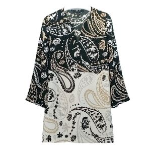 BCBG MAXAZRIA Beige brown paisley boho bell sleeves tunic dress